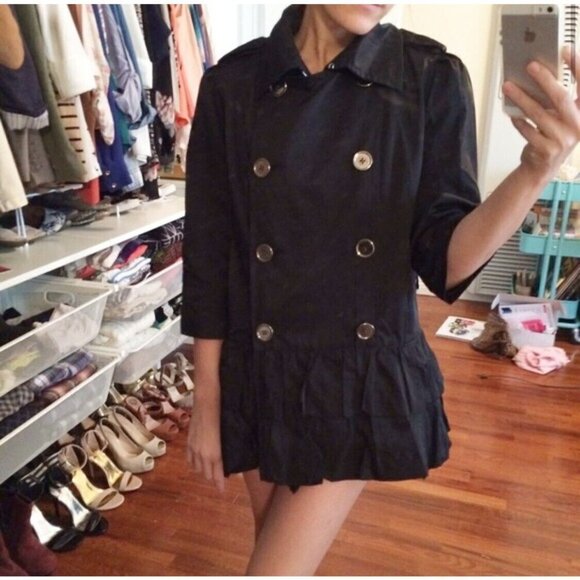 RARE Luii Ruffle Tiered Double Breasted Belted Jacket Sz S Black Satin Trench - Picture 1 of 10